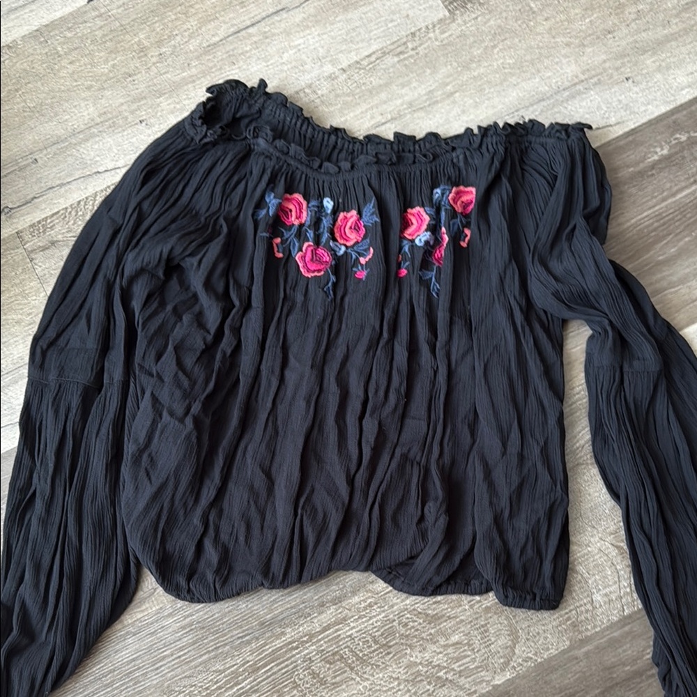 Hollister Black Ruched Long Sleeve Blouse with Pink Embellishments
